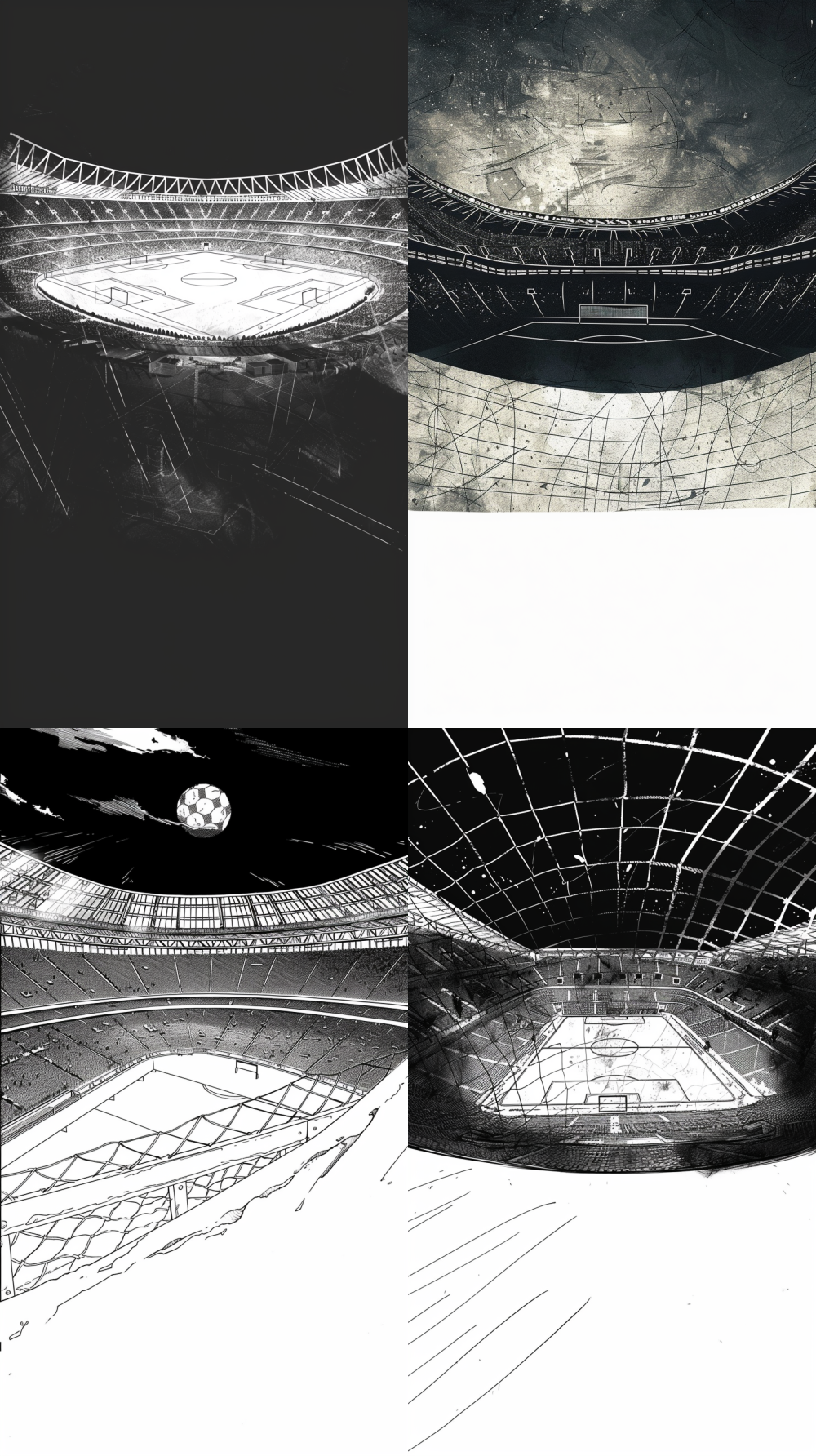 < https://oc.superx.chat/img/1758997351046.jpg > Using only the compositional layout of this reference image, create a detailed black and white American comic book background. The scene is a dramatic night-time football stadium with a worm's-eye view, featuring the goal and stands in the top portion and the pitch below. Stark contrasts, ink wash textures, no characters.  --iw 0.7  --ar 9:16  --style raw --v 6