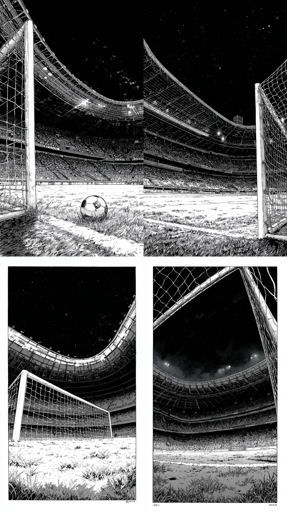 Black and white line art and ink wash background, American comic book style, night-time football stadium. Extreme worm's-eye view with fish-eye distortion. Composition: low-angle soccer goal with net, fans in the stands, and roof in the top 25% of the image. The lower part is the textured grass of the pitch. Heavy use of hatching and cross-hatching for shadows, stark white highlights, incredibly detailed. No characters, focusing on the architectural and environmental details. --ar 9:16  --style raw  --no people  --s 250