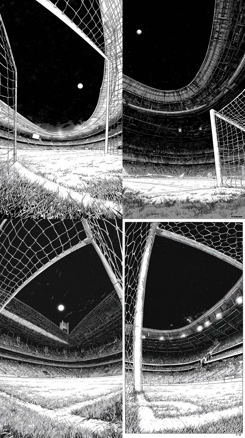 Black and white line art and ink wash background, American comic book style, night-time football stadium. Extreme worm's-eye view with fish-eye distortion. Composition: low-angle soccer goal with net, fans in the stands, and roof in the top 25% of the image. The lower part is the textured grass of the pitch. Heavy use of hatching and cross-hatching for shadows, stark white highlights, incredibly detailed. No characters, focusing on the architectural and environmental details.  --ar 9:16  --style raw  --no people  --s 250