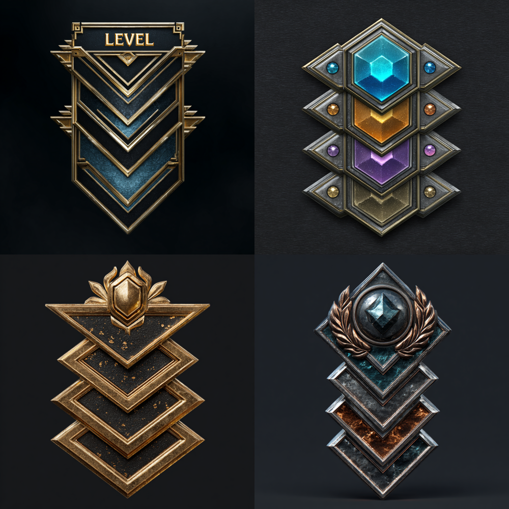 Level badge, one image containing three different level badge icons, game art style, with light and texture, simple lines, black clean background 3d