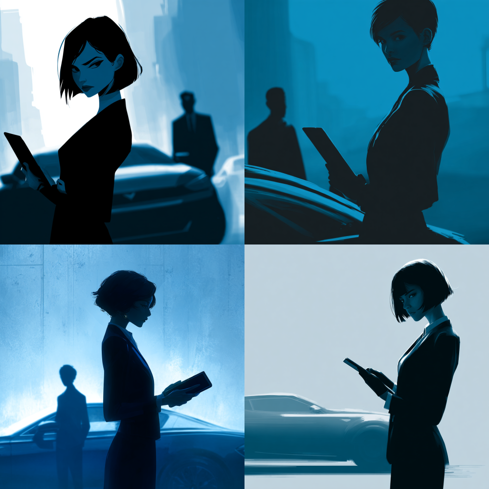 The silhouette of a woman with sharp short hair and a tall figure, dressed in a sharp blue and black suit, holding a tablet computer in her hand. She turned her head slightly and stared at the person behind her with cold eyes. In front of her was a concept running car parked 