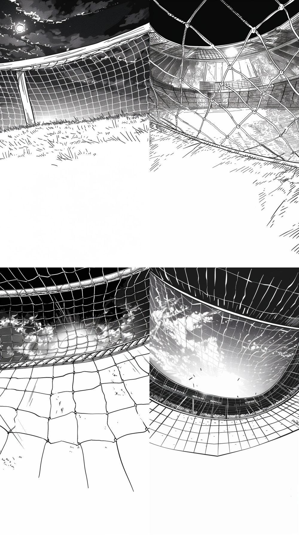 < https://oc.superx.chat/img/1758996946705.jpg > Black and white line art and ink wash background, American comic book style, night-time football stadium. Extreme worm's-eye view with fish-eye distortion. Composition: low-angle soccer goal with net, fans in the stands, and roof in the top 25% of the image. The lower part is the textured grass of the pitch. Heavy use of hatching and cross-hatching for shadows, stark white highlights, incredibly detailed. No characters, focusing on the architectural and environmental details. --ar 9:16 --style raw --no people --s 250 --v 6