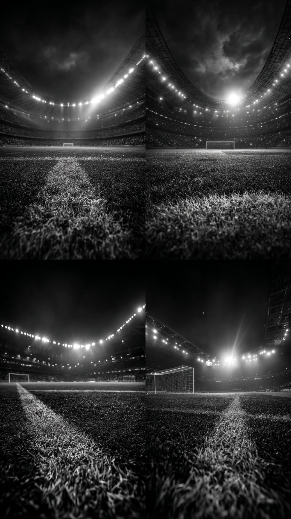 High-contrast black and white background, dramatic night scene in a massive football stadium, photorealistic American comic style. Powerful fish-eye lens perspective from the pitch. The foreground is the detailed grass, leading the eye to a dramatically lit soccer goal and roaring crowd under the stadium roof in the upper portion. Chiaroscuro lighting, deep black shadows, lens flare from stadium lights, sense of immense scale and depth. No players.  --ar 9:16  --style raw  --no people  --s 250