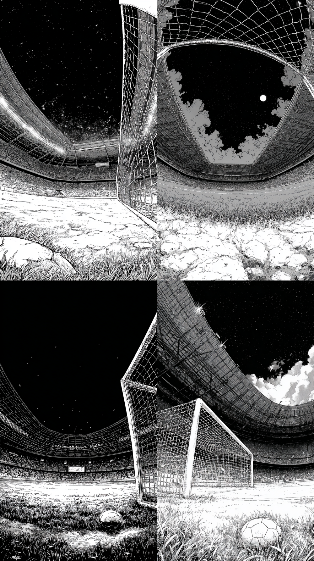 Black and white line art and ink wash background, American comic book style, night-time football stadium. Extreme worm's-eye view with fish-eye distortion. Composition: low-angle soccer goal with net, fans in the stands, and roof in the top 25% up of the image. Facing the camera. The lower part is the textured grass of the pitch. Heavy use of hatching and cross-hatching for shadows, stark white highlights, incredibly detailed. No characters, focusing on the architectural and environmental details.  --ar 9:16   --style raw   --no people   --s 250