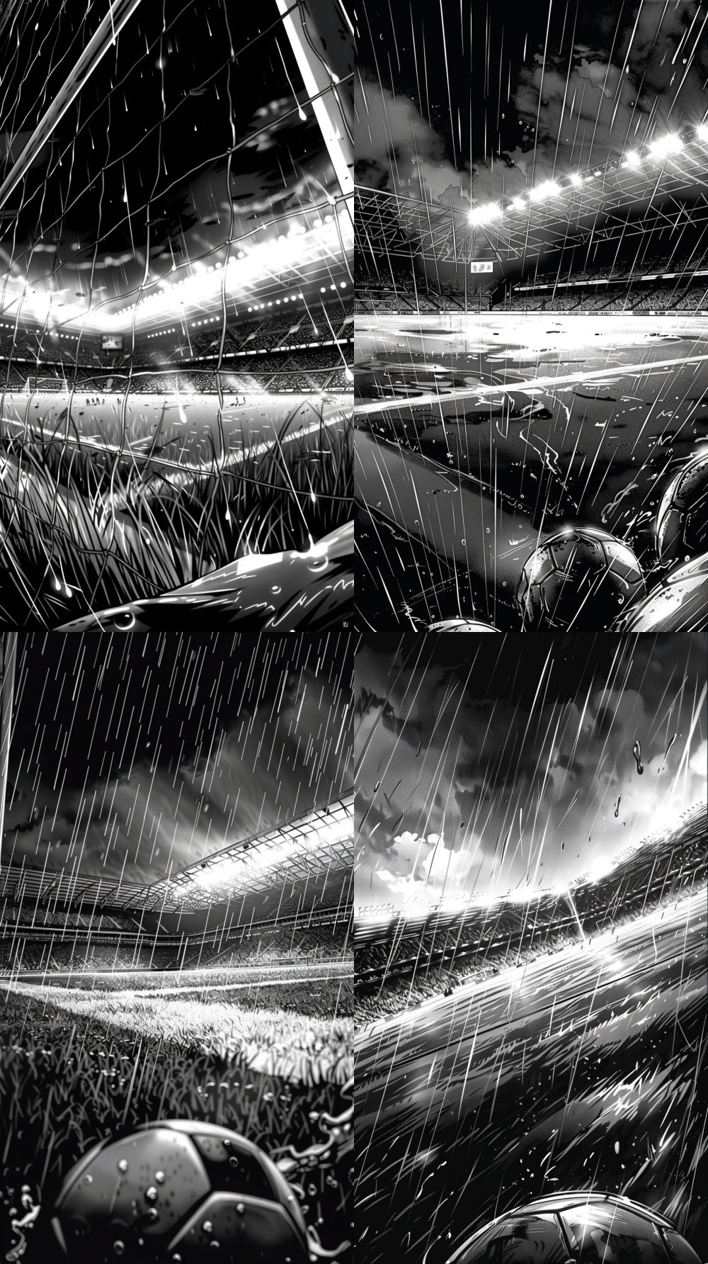 < https://oc.superx.chat/img/1759000400207.jpg > A detailed black and white comic background of a dramatic night-time football scene, realistic American comic style. Dynamic fish-eye lens perspective from ground level. In the top quarter of the frame, a low-angle view of a soccer goal with cheering spectators and the stadium roof above. The bottom three-quarters show the rain-streaked, well-trodden grass pitch. Stark contrasts, intense shadows, and motion blur effects. Cinematic, no characters, emphasizing the vast scale and depth of the stadium.  --ar 9:16  --style raw  --no people  --s 250 --v 6