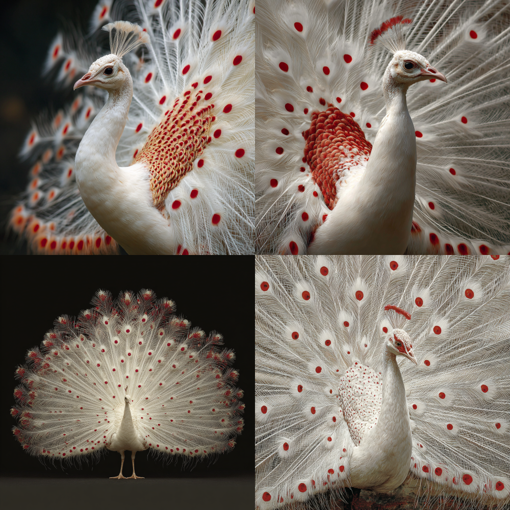 A white peacock, spreading its tail, with red spots on its feathers.