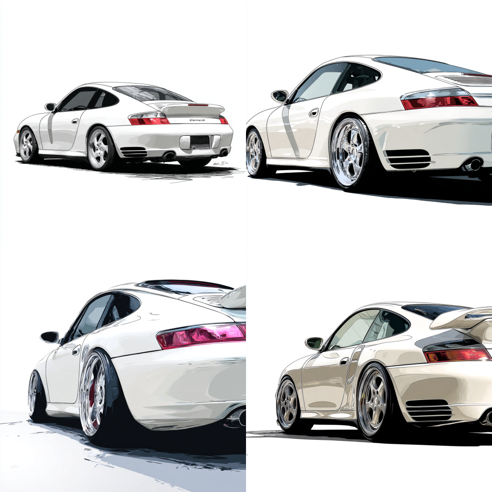 White Porsche, side to back angle, comic style, white background 996911