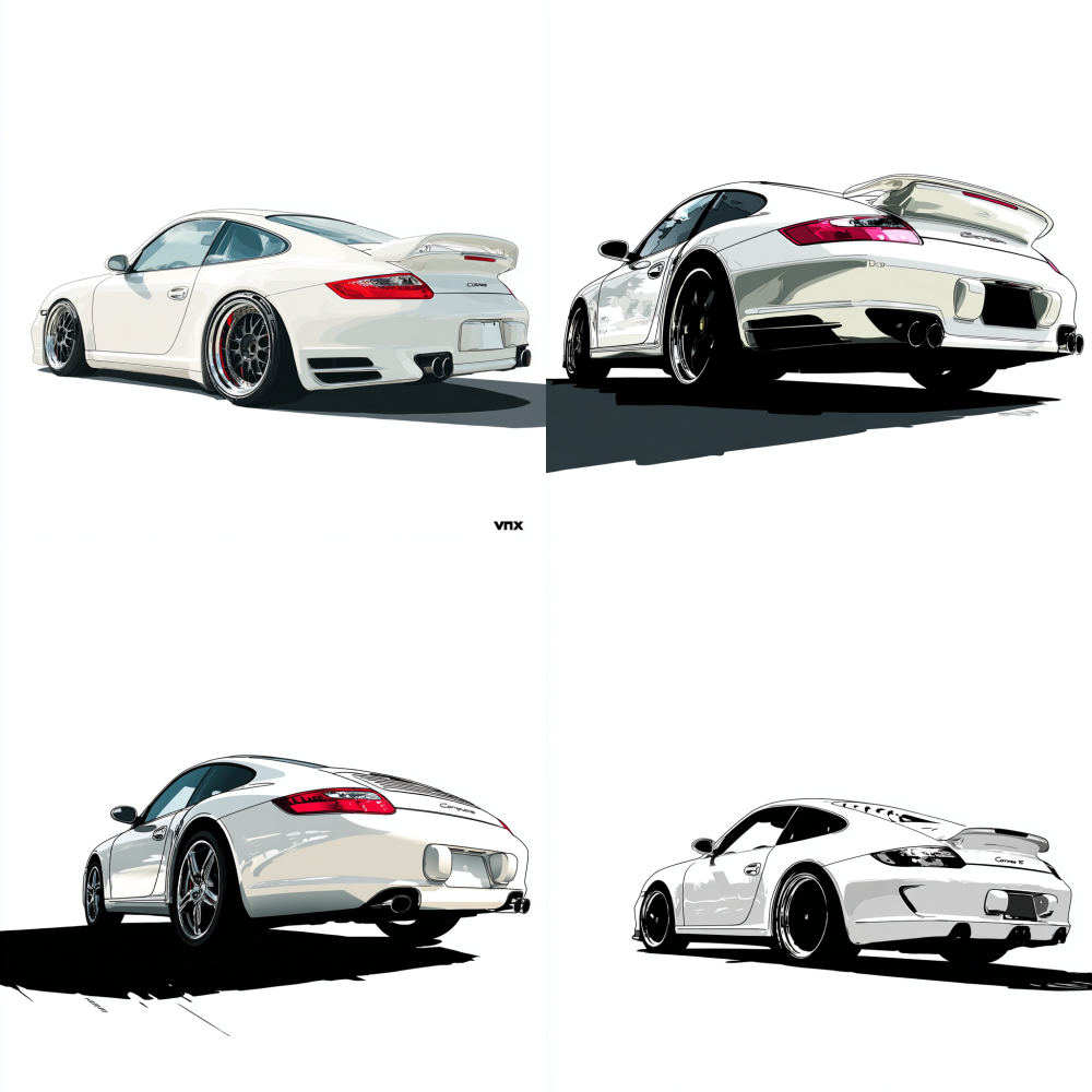 White Porsche, side to back angle, comic style, white background 997 911