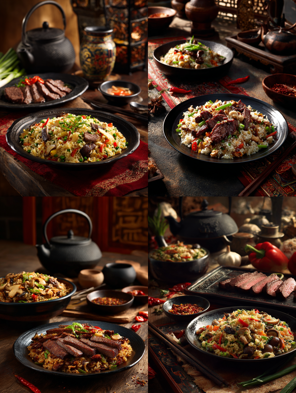 Commercial photography of scenes shot in China, featuring high-end backgrounds and natural light.  Fried rice with wild mushrooms on a black plate, and a close-up of beef slices.  In front is a black wooden table surrounded by traditional food elements.  The overall atmosphere is warm and fresh, highlighting the texture and color details of meat in the traditional Chinese way of cooking.  It showcases delicious taste and cultural heritage.  --ar 3:4