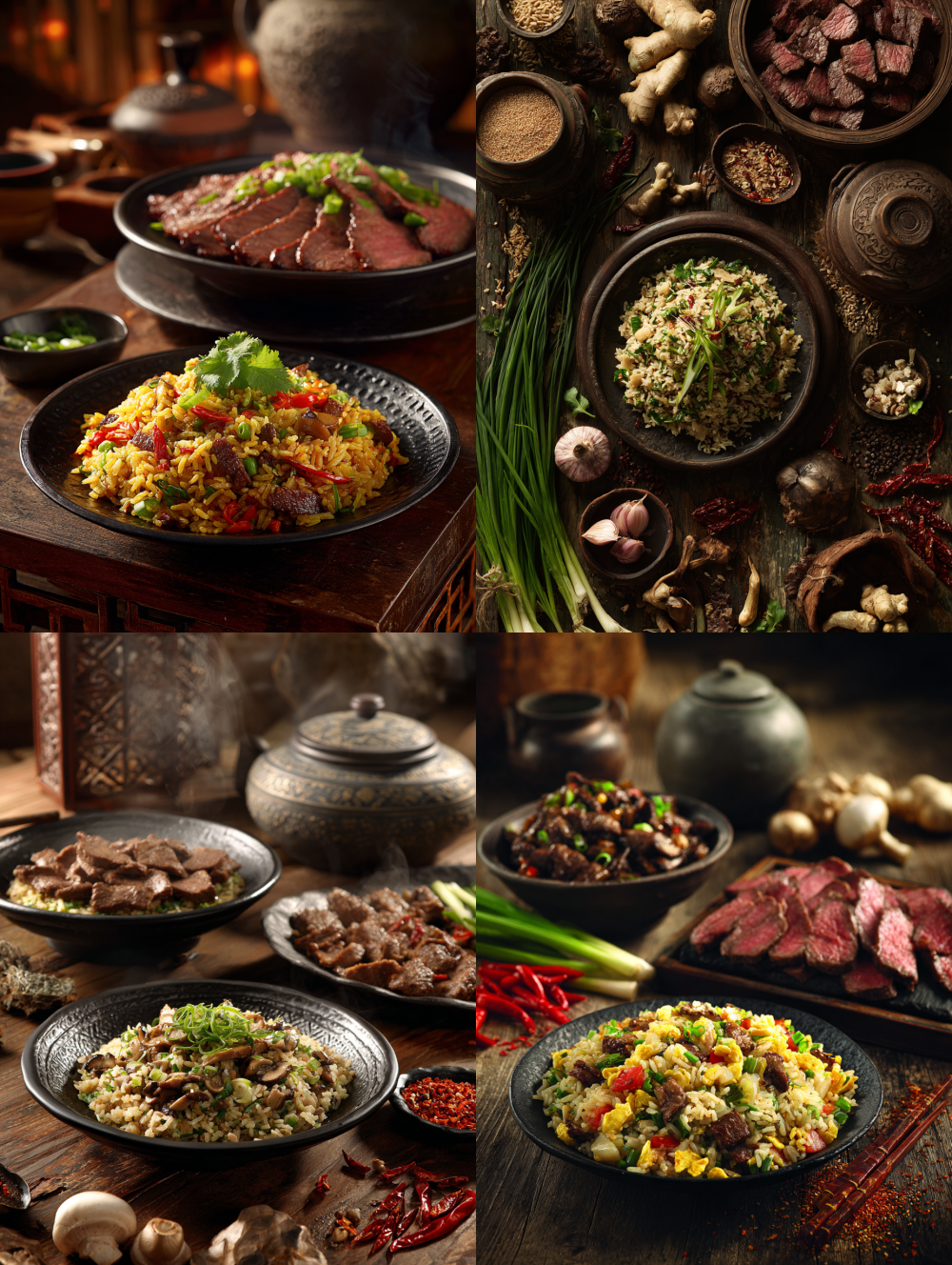 Commercial photography in China is characterized by high-end backgrounds and natural light. A black plate is filled with wild mushroom fried rice and a close-up of beef slices. No green scallions or coriander are needed. In front is a black wooden table, surrounded by traditional food elements. The overall atmosphere is warm and fresh, highlighting the texture and color details of the meat in traditional Chinese cooking methods. It showcases delicious flavors and cultural heritage。 --ar 3:4