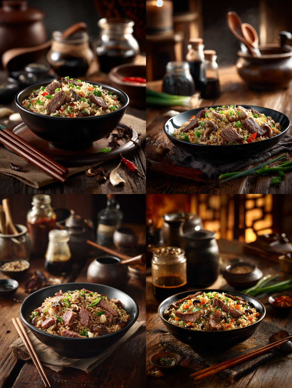 Professional commercial food photography of wild mushroom and beef fried rice in a black bowl, placed on a dark wooden table in a Chinese setting. The scene is filled with traditional Chinese food elements like soy sauce jars and wooden utensils. Warm, soft natural lighting highlights the juicy texture of the beef slices and the glossy grains of rice. The atmosphere is warm, fresh, and authentic, emphasizing the culinary heritage. No green onions, no cilantro.  --ar 3:4  --style raw