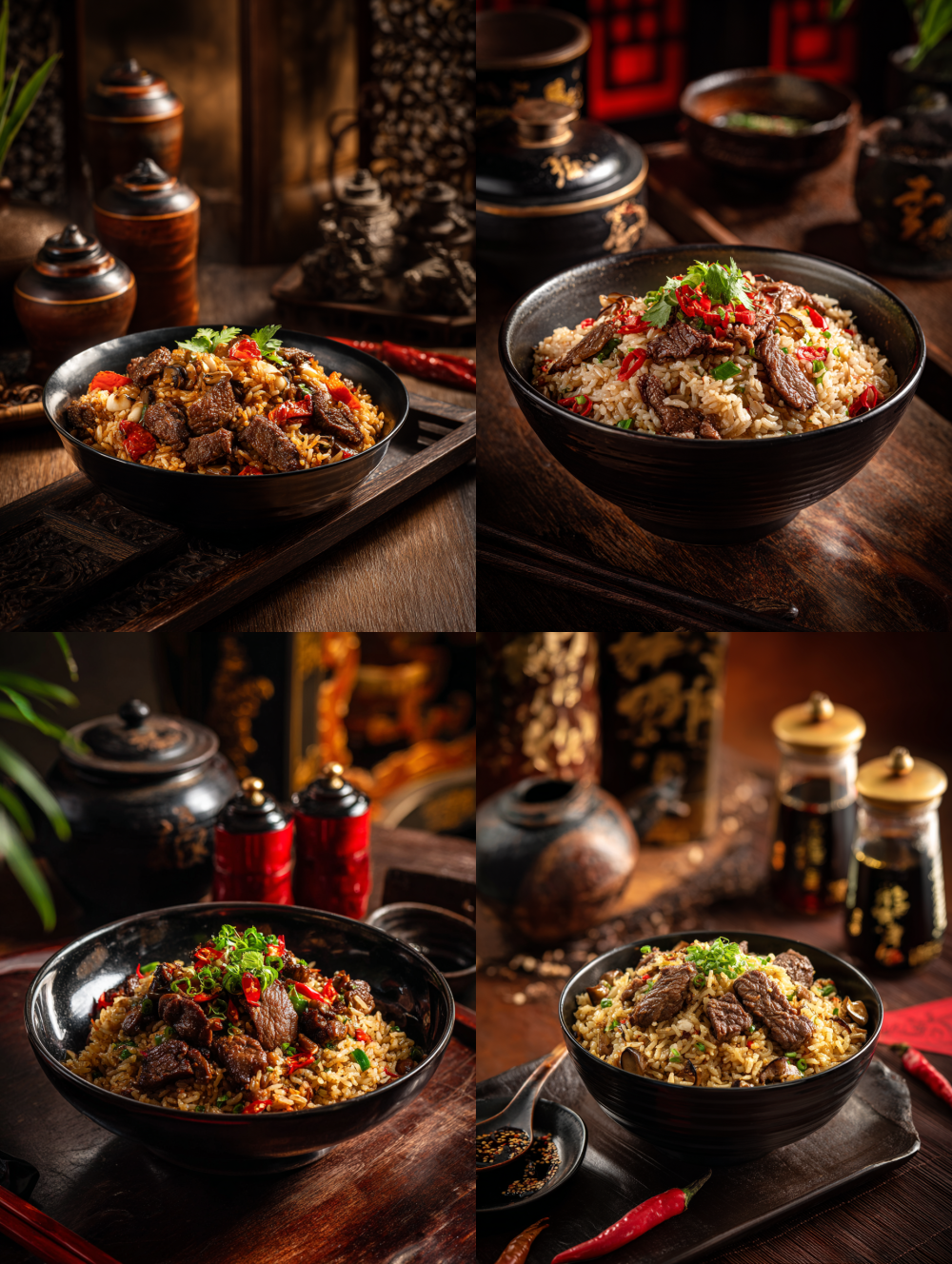 Professional commercial food photography of wild mushroom and beef fried rice in a black bowl, on a dark wooden table in a Chinese setting, surrounded by traditional elements like soy sauce jars. Warm, soft natural lighting highlights the juicy texture of the beef and glossy rice. Warm, fresh atmosphere, emphasizing culinary heritage.  --ar 3:4  --style raw  --no green onions, scallions, cilantro, herbs, leaves, green