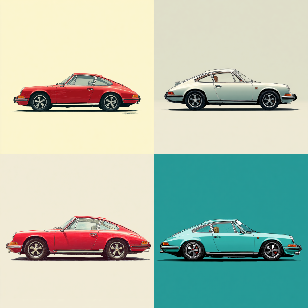 The first generation Porsche 911 has a comic style side profile with a white background