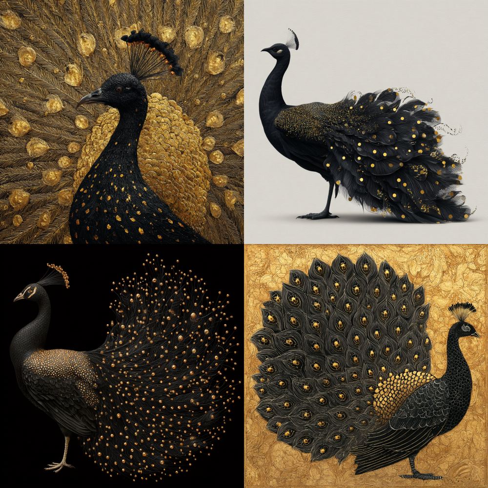 A black peacock, spreading its tail, with golden spots on its feathers.