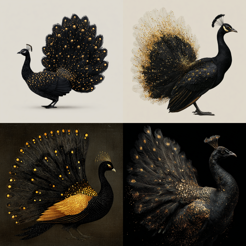 A black peacock, spreading its tail, with golden spots on its feathers.