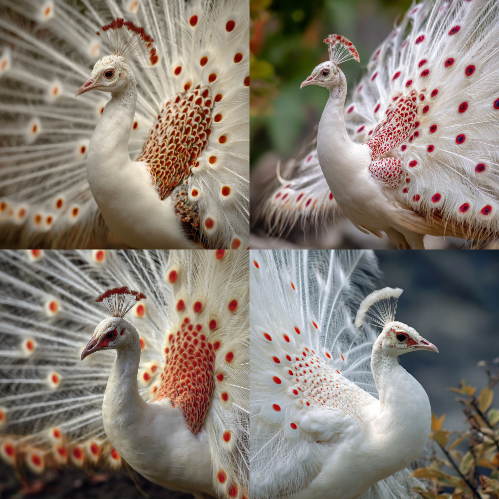 A white peacock, spreading its tail, with red spots on its feathers.