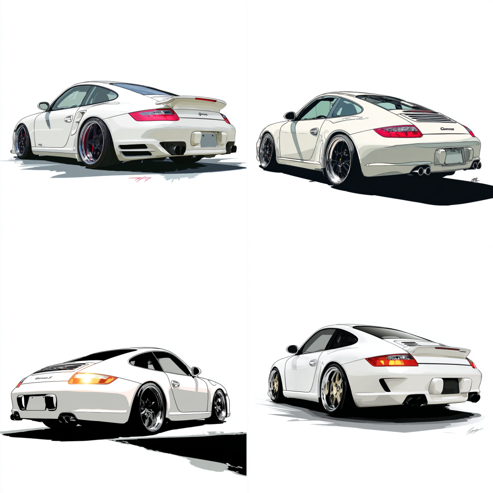 White Porsche, side to back angle, comic style, white background 997 911