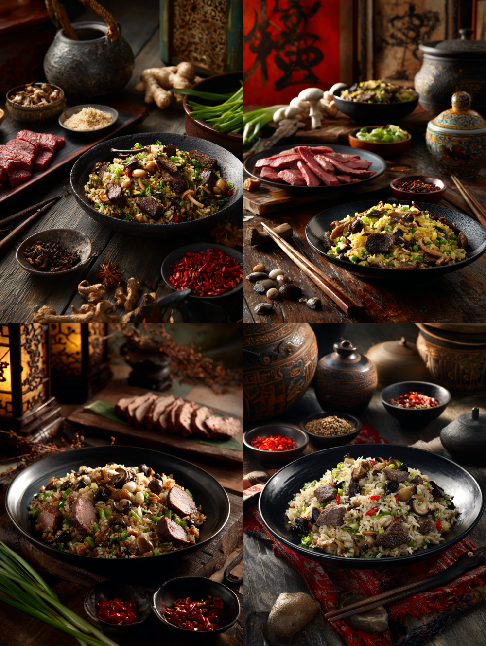 Commercial photography of scenes shot in China, featuring high-end backgrounds and natural light. Fried rice with wild mushrooms on a black plate, and a close-up of beef slices. In front is a black wooden table surrounded by traditional food elements. The overall atmosphere is warm and fresh, highlighting the texture and color details of meat in the traditional Chinese way of cooking. It showcases delicious taste and cultural heritage.  --ar 3:4