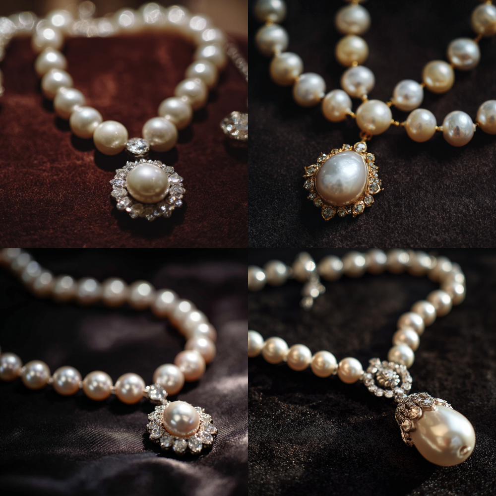 A close-up of a beautifully crafted pearl necklace, with pearls of varying sizes. The central pendant features a large pearl adorned with a ring of broken diamonds. The background is a dark velvet fabric, and the image has a sense of light. 