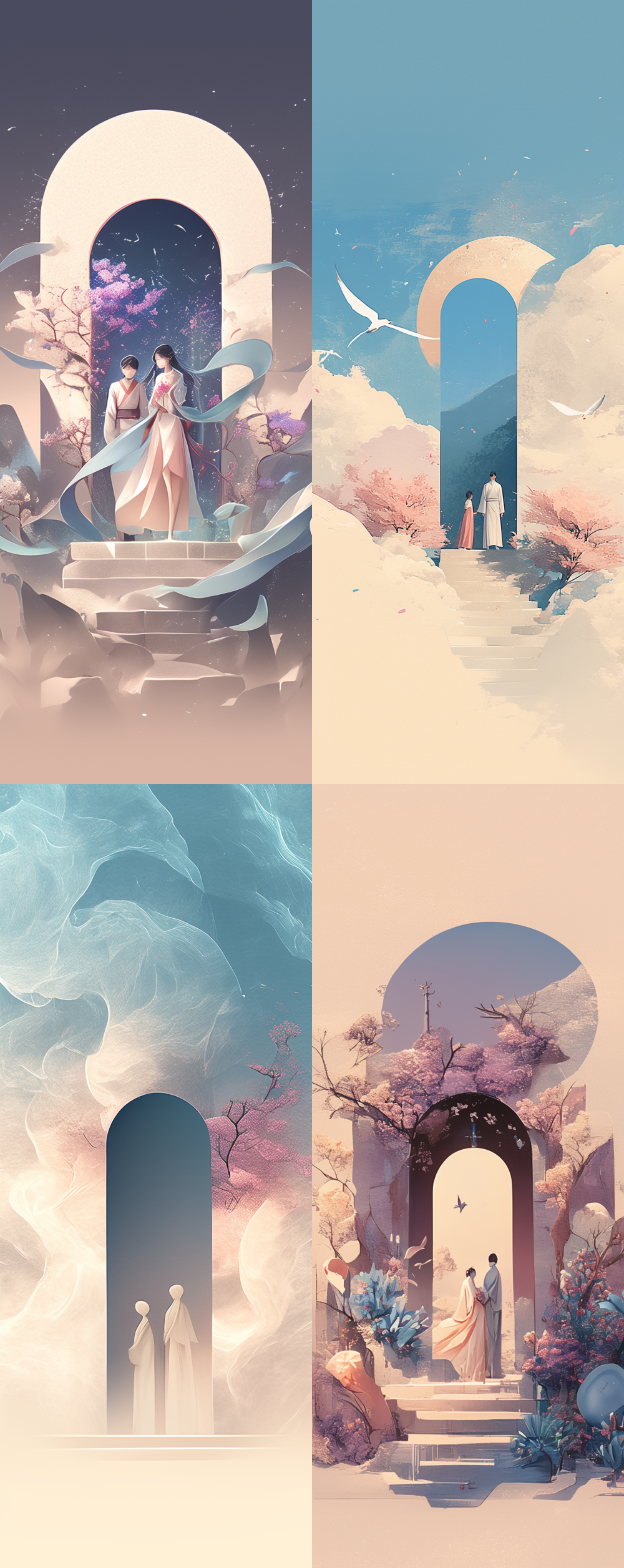 < https://oc.superx.chat/img/1758707633935.png > Emphasize the imagery of a door and a couple, highlighting their connection; create a serene background gradient that transitions from soft blue to white, flowing from top to bottom. The dominant theme colors should be a rich blend of blue and purple. Leave the bottom quarter of the image intentionally blank for a sense of space. --ar 2:5 --style raw --style <expressive> --niji --v 6