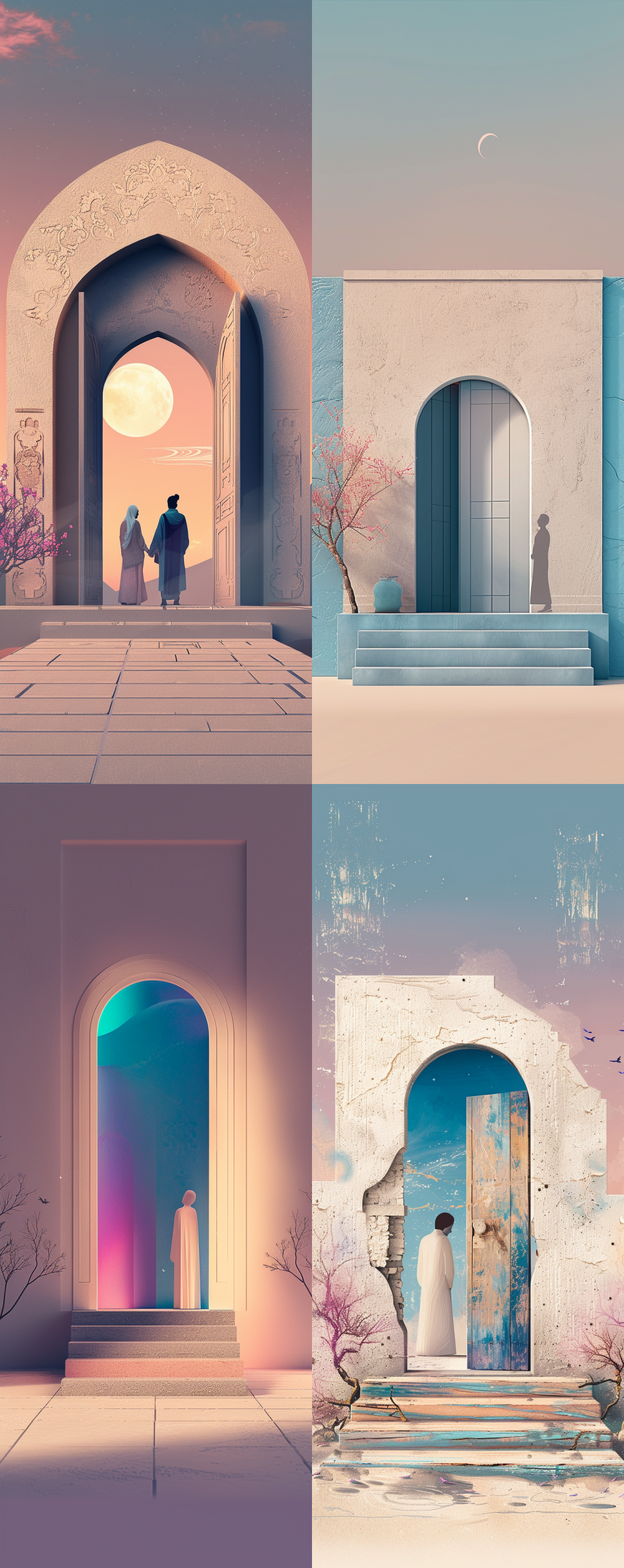 < https://oc.superx.chat/img/1758707630352.png > Emphasize the imagery of a door and a couple, creating a captivating focal point; the background features a delicate gradient transitioning from soft blue at the top to pristine white at the bottom. The overall theme is infused with shades of blue and purple. Leave the bottom quarter of the image intentionally blank for a sense of spaciousness. --ar 2:5  --style raw  --style <expressive> --v 6