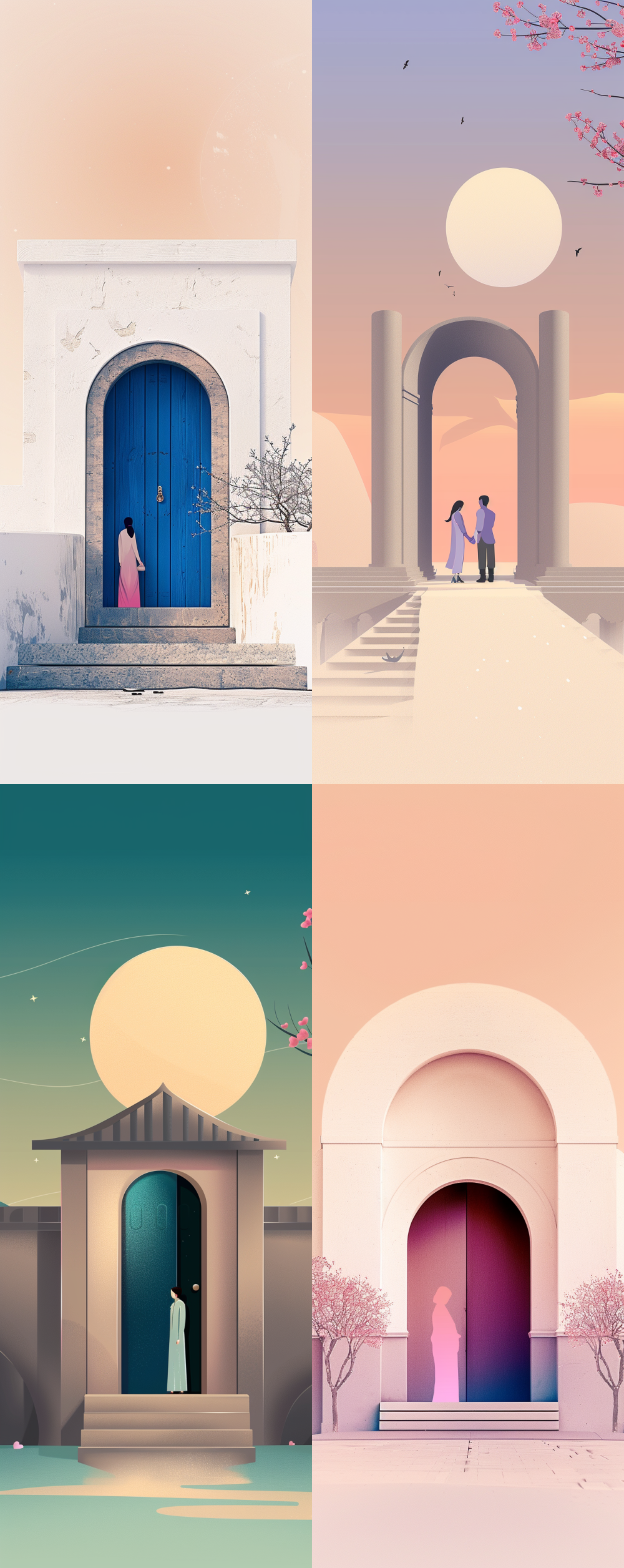 < https://oc.superx.chat/img/1758707628802.png > Emphasize the imagery of a door and a couple, creating a romantic atmosphere; the background features a delicate gradient transitioning from soft blue at the top to pristine white at the bottom. The primary color theme of the image is a harmonious blend of blue and violet hues. Leave the bottom quarter of the image intentionally blank to enhance the composition. --ar 2:5  --style raw  --chaos 10  --s 5 --v 6