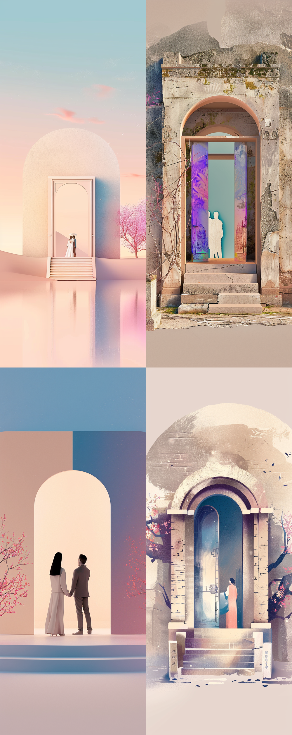 < https://oc.superx.chat/img/1758708539156.png > Emphasize the imagery of a door and a couple; the door should be abstract and ethereal; the couple must stand out vividly against the backdrop. The background features a soft gradient transitioning from light blue at the top to white at the bottom. The overall color theme of the image is a harmonious blend of blue and purple hues. Leave the bottom quarter of the composition intentionally blank for a sense of spaciousness. --ar 2:5  --style raw  --chaos 10  --s 5 --v 6