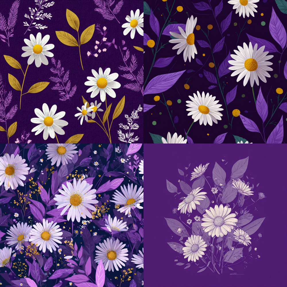elegant vector illustration of delicate daisies and lush leaves gracefully arranged on a rich purple background, embodying a refined minimalistic aesthetic with whimsical cartoonish elements, bold outlines, and a serene simplicity devoid of intricate details or shading.
