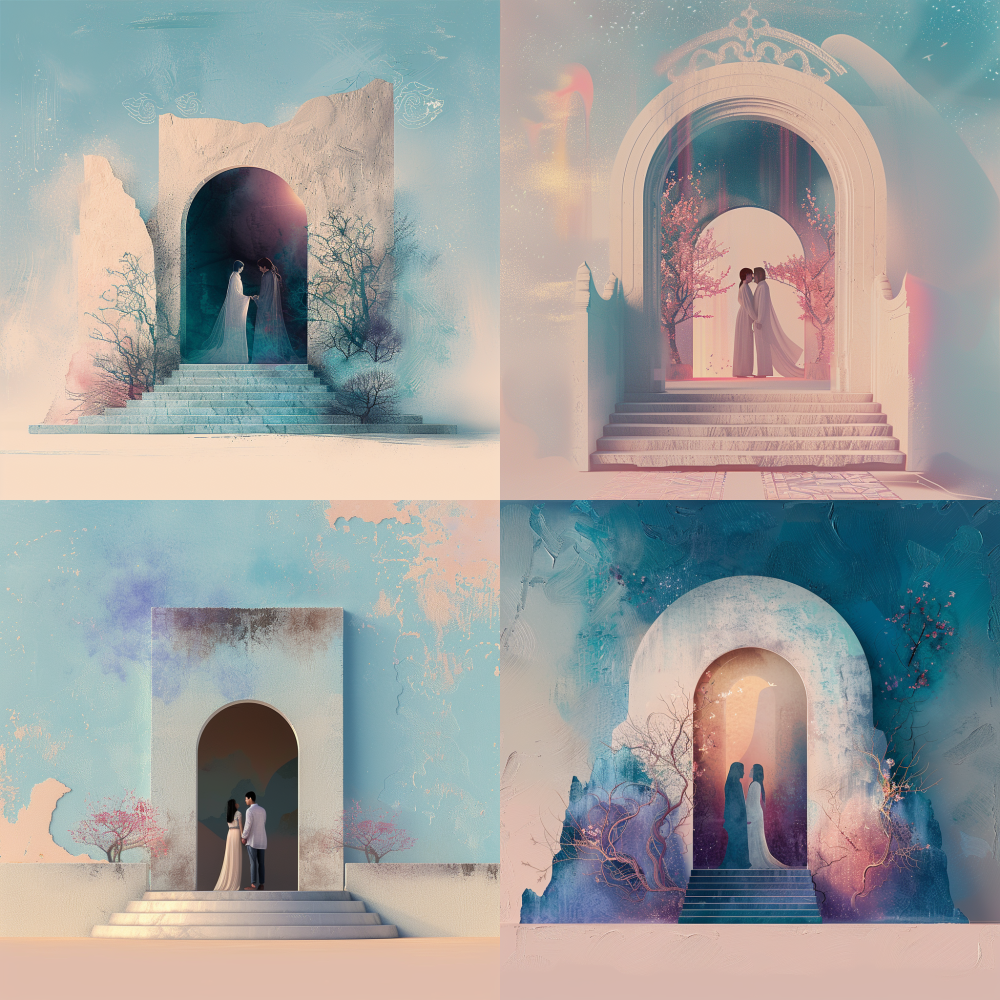 < https://oc.superx.chat/img/1758705830588.png > An enchanting doorway symbolizing love, featuring a couple in a tender embrace. The composition evokes a sense of romance, suggesting that behind the door lies a world of affection. The entire image transitions gracefully from a soft azure at the top to pure white at the bottom, predominantly showcasing hues of blue and purple. The aspect ratio of the image is 1:2.5. --v 6