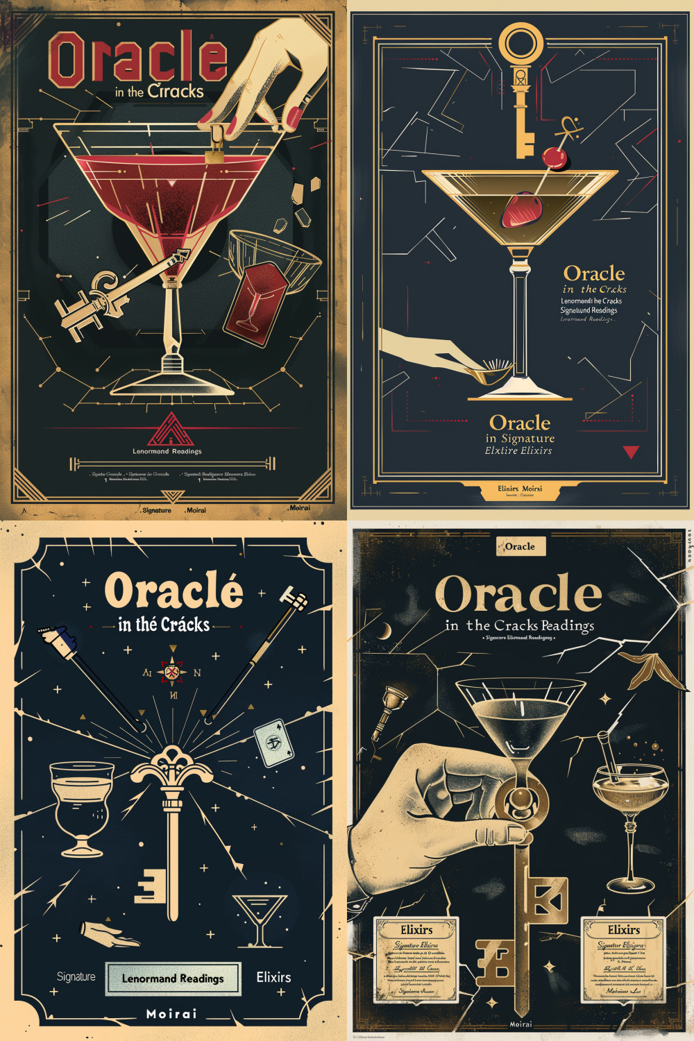 An A3 poster in a flat, linocut print style. Central motif: a large, stylized Key card from the Lenormand deck, its bow (top) shaped like a cocktail coupe glass. Digital cracks run through the key's shaft. The poster is divided into structured panels. One panel shows a hand laying out cards, another features an elegant cocktail glass. Serif typography is used for the title "Oracle in the Cracks" and body text: "Lenormand Readings . Signature Elixirs . Moirai". Limited color palette: deep navy, metallic gold, and off-white. High contrast, strong graphic design, suitable for street poster.   --v 6.0   --style raw   --ar 2:3
