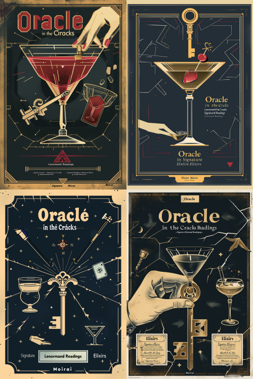 An A3 poster in a flat, linocut print style. Central motif: a large, stylized Key card from the Lenormand deck, its bow (top) shaped like a cocktail coupe glass. Digital cracks run through the key's shaft. The poster is divided into structured panels. One panel shows a hand laying out cards, another features an elegant cocktail glass. Serif typography is used for the title "Oracle in the Cracks" and body text: "Lenormand Readings . Signature Elixirs . Moirai". Limited color palette: deep navy, metallic gold, and off-white. High contrast, strong graphic design, suitable for street poster.   --v 6.0   --style raw   --ar 2:3