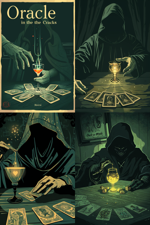 An A3 poster, a mysterious and atmospheric scene in a flat linocut style. A figure in a deep-hooded robe, face completely hidden in shadow, stands in a dimly lit room. One of their hands is gracefully laying out Lenormand cards on a wooden table. The other hand holds up a glowing cocktail glass, which illuminates the lower part of their hood and the cards from below. The light from the glass casts dramatic shadows. On the table, a large, stylized Key card is prominent. The color palette is very limited: deep forest green, black, and a single spot color of luminous gold for the liquid in the glass. Elegant, cryptic typography for "Oracle in the Cracks" and "Moirai". High contrast, mystical atmosphere.  --v 6.0  --style raw  --ar 2:3