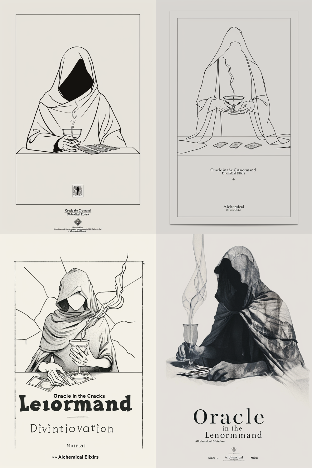 An A3 poster, stark minimalist design on a pure white background. Central illustration in fine black line art: a figure in a draped, hooded robe, their face completely hidden in shadow. One hand is gracefully laying out Lenormand cards (the Key, the Rider) on a simple table. The other hand gently holds an elegant, ethereal cocktail coupe glass, from which a single wisp of smoke or a subtle crack in reality emerges. The composition is perfectly balanced and serene. Below, clean, elegant serif typography in black: "Oracle in the Cracks". A sub-line in a smaller, modern font: "Lenormand Divination · Alchemical Elixirs". At the very bottom, the logo and name "Moirai". Style of modern esoteric print, high contrast, mystical and calm. --v 6.0 --style raw --ar 2:3