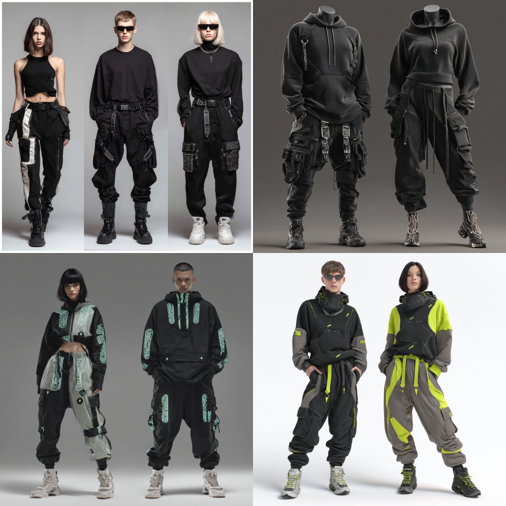 A set of cyber style clothing for both men and women 