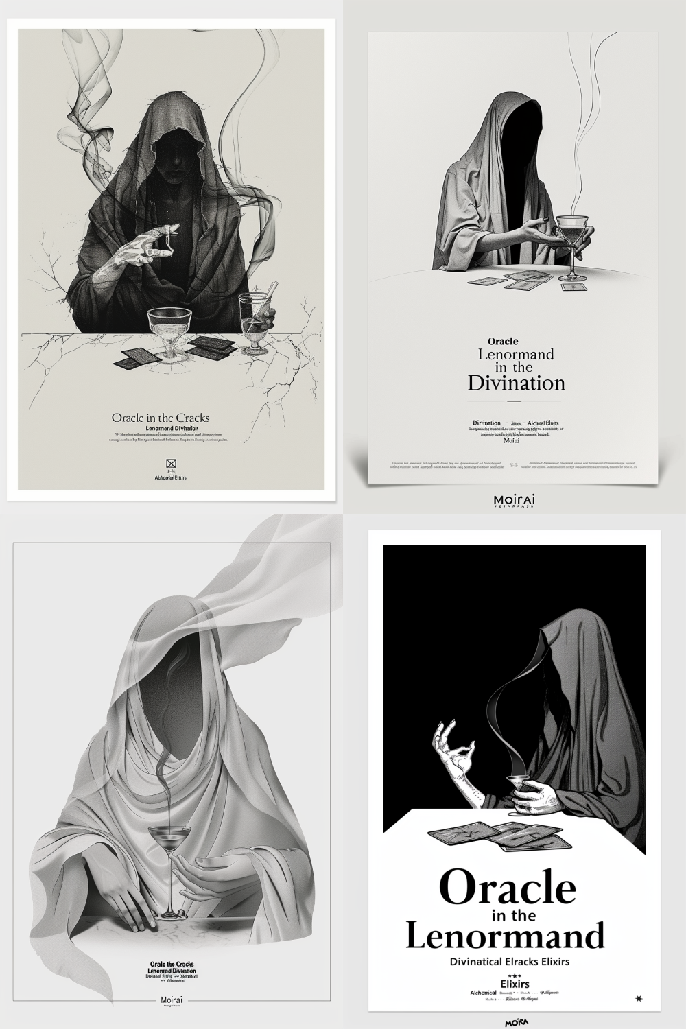 An A3 poster, stark minimalist design on a pure white background. Central illustration in fine black line art: a figure in a draped, hooded robe, their face completely hidden in shadow. One hand is gracefully laying out Lenormand cards (the Key, the Rider) on a simple table. The other hand gently holds an elegant, ethereal cocktail coupe glass, from which a single wisp of smoke or a subtle crack in reality emerges. The composition is perfectly balanced and serene. Below, clean, elegant serif typography in black: "Oracle in the Cracks". A sub-line in a smaller, modern font: "Lenormand Divination · Alchemical Elixirs". At the very bottom, the logo and name "Moirai". Style of modern esoteric print, high contrast, mystical and calm. --v 6.0 --style raw --ar 2:3