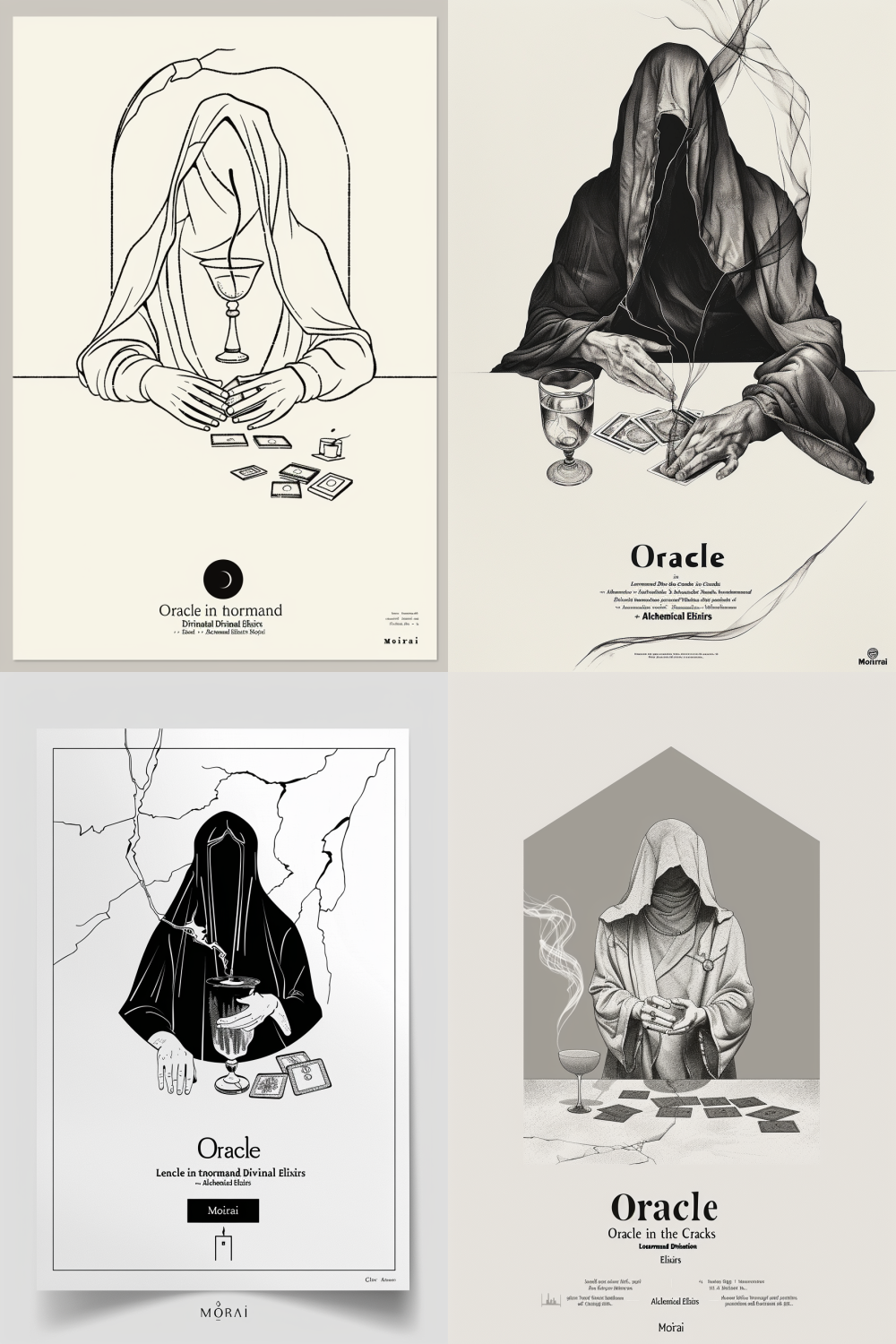 An A3 poster, stark minimalist design on a pure white background. Central illustration in fine black line art: a figure in a draped, hooded robe, their face completely hidden in shadow. One hand is gracefully laying out Lenormand cards (the Key, the Rider) on a simple table. The other hand gently holds an elegant, ethereal cocktail coupe glass, from which a single wisp of smoke or a subtle crack in reality emerges. The composition is perfectly balanced and serene. Below, clean, elegant serif typography in black: "Oracle in the Cracks". A sub-line in a smaller, modern font: "Lenormand Divination · Alchemical Elixirs". At the very bottom, the logo and name "Moirai". Style of modern esoteric print, high contrast, mystical and calm.   --v 6.0   --style raw   --ar 2:3