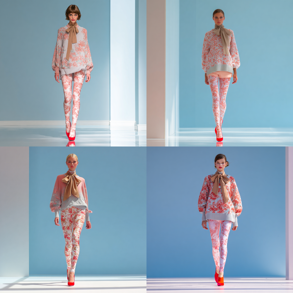 Full-body shot of a model walking the runway. She wears floral-patterned tights in soft pink and white, layered over a loose-fitting sweater in light coral pink and gray. A light brown silk bow adorns her neck, and she steps in bright red pointed-toe stilettos. The scene is set against a pale blue backdrop, captured from a low-angle perspective.