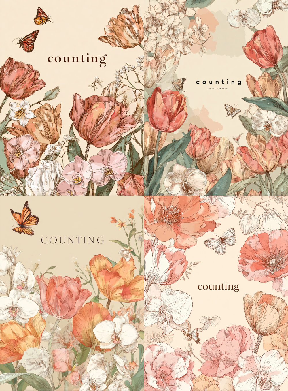 a soft peach and cream color scheme background with hand-drawn tulips, orchids, butterflies, and the text "counting" in the center of the design, elegant and detailed, in pastel colors, with a flat illustration style, digital art, line drawing, simple, minimalistic, floral pattern, delicate lines, with a vintage feel and a watercolor effect. --ar 47:64