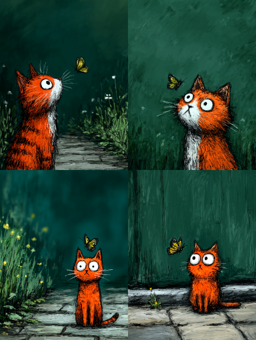 A curious cat stares at the butterfly that has landed on the tip of its nose. --sref 263882902 --sw 100 --stylize 300 --ar 3:4 --exp 20 A curious cat stares at the butterfly that has landed on the tip of its nose. --sref 263882902 --sw 100 --stylize 300 --ar 3:4 --exp 20