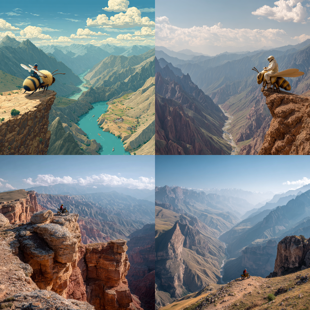 A person riding a huge chubby bee, looking down from the Tian Shan Grand Canyon, overlooking the magnificent landscape features of the canyon 