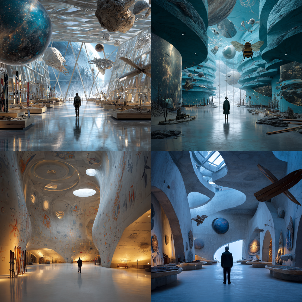 In the spacious futuristic hall, a person stands in the middle, surrounded by giant platelet cells, models of solar system planets, skis made of fur, primitive skiing designs of Altay people, flying glowing rock paintings, giant bees and hummingbirds, as well as three-dimensional models of the Earth and Moon. 