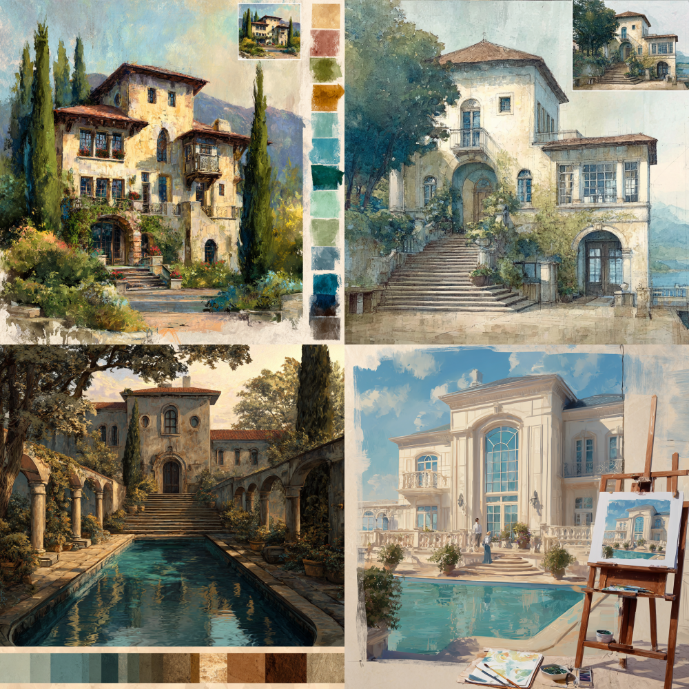 Create a stunning villa image inspired by the reference picture, capturing elegance and artistic flair.