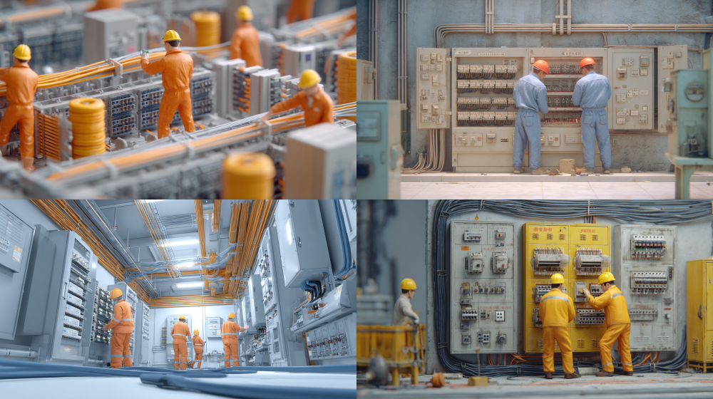 Realistic industrial style, indoor weak current wiring scene, Chinese workers wearing workwear for operation, neatly arranged cables, simple and bright weak current box construction environment, 8K --ar 16:9 --style raw