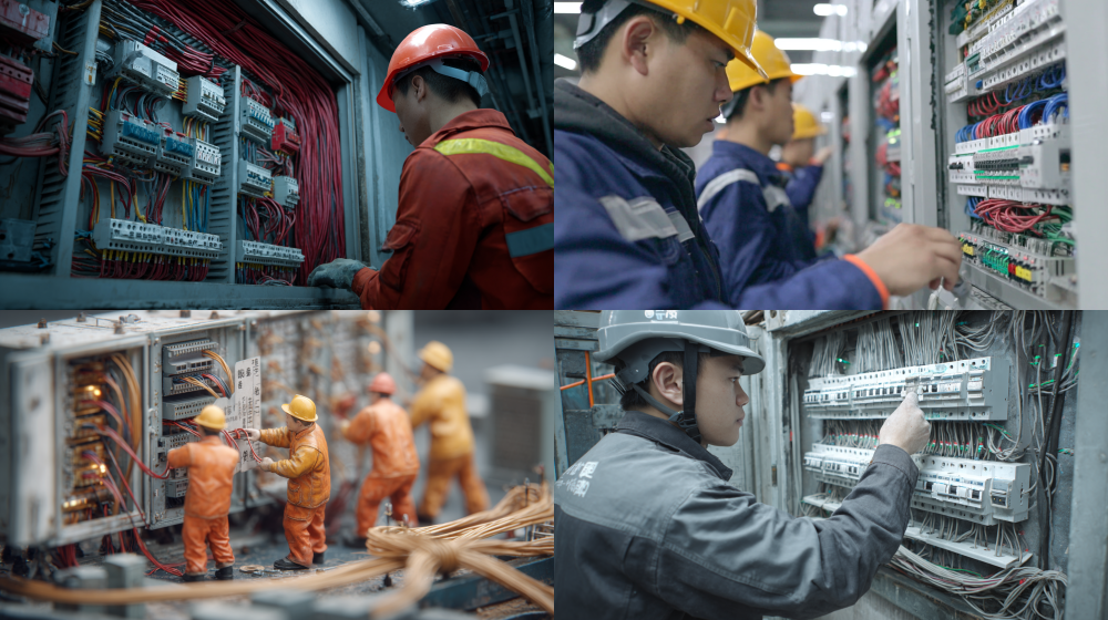 Realistic industrial style, indoor weak current wiring scene, Chinese workers wearing workwear for operation, neatly arranged cables, weak current box construction environment, 8K --ar 16:9 --style raw