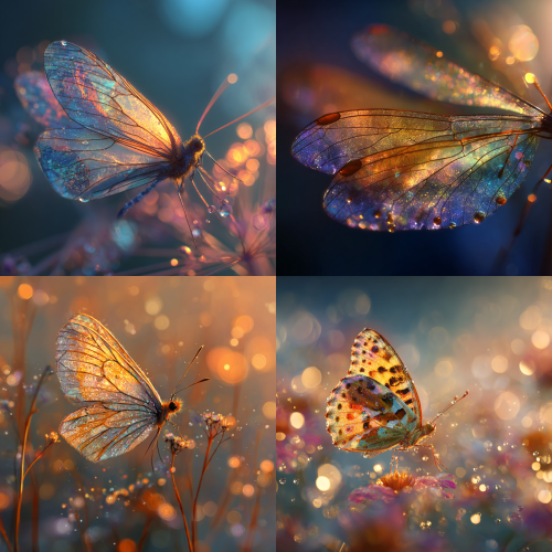 celestial lighting, golden hour glow, chromatic aberration`
：watercolor texture, delicate brush strokes, 8k resolution`
：floating pollen particles, translucent butterfly wings, dewdrops refraction`
