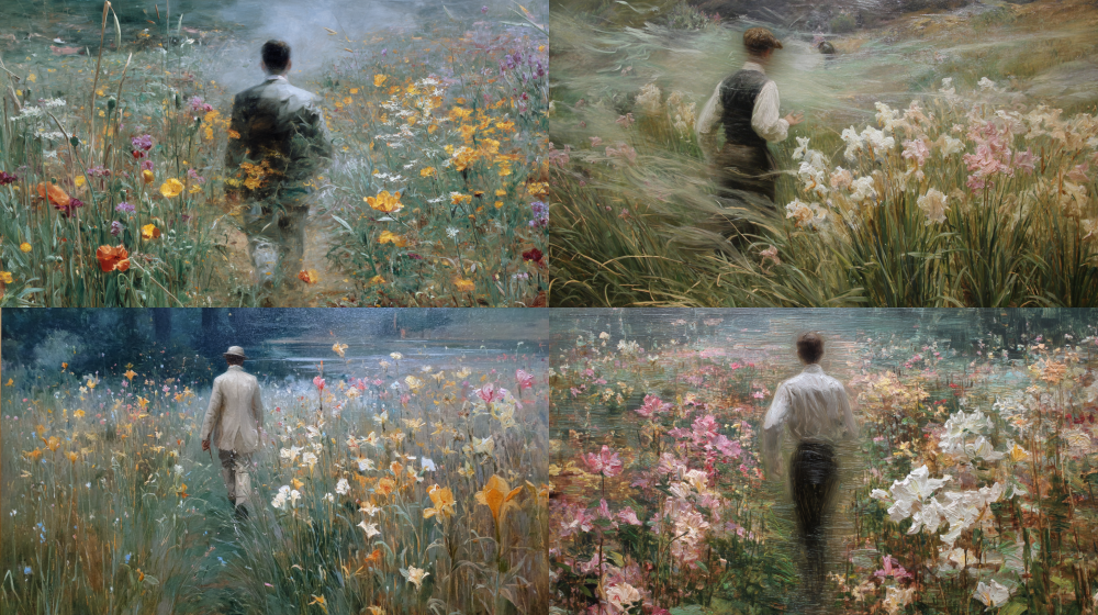 a painting of a person walking through a field of flowers, in the style of Reynier Llanes, hans hinterreiter, ghostly presence, rupert bunny, realistic hyper-detail, transparent/translucent medium, alfred heber hutty --ar 16:9