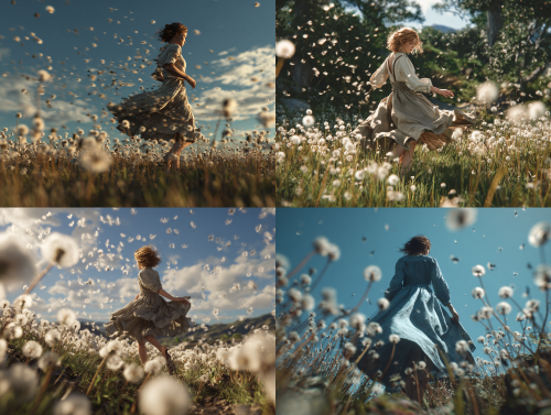 A girl in linen dress dancing through dandelion field, her skirt swirls into floating seeds, ultra-detailed botanical elements, Tadahiro Uesugi style color blocking, cinematic composition, Unreal Engine 5 rendering
y --ar 4:3
