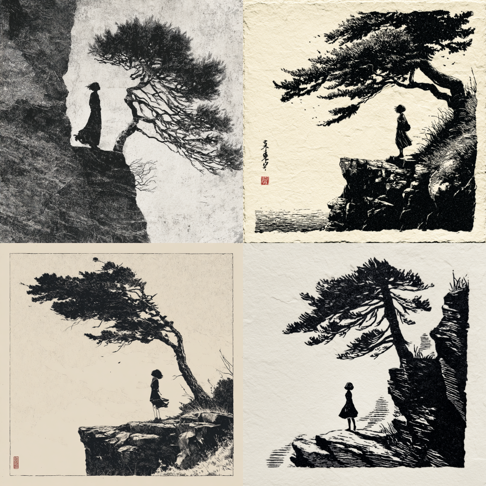 A rough and bold printmaking style, with black and white tones. The main subject of the picture is a tall pine tree growing on a cliff, with a short haired woman standing next to it. The woman is dressed as a student during the Republic of China era, with short hair floating in the air
