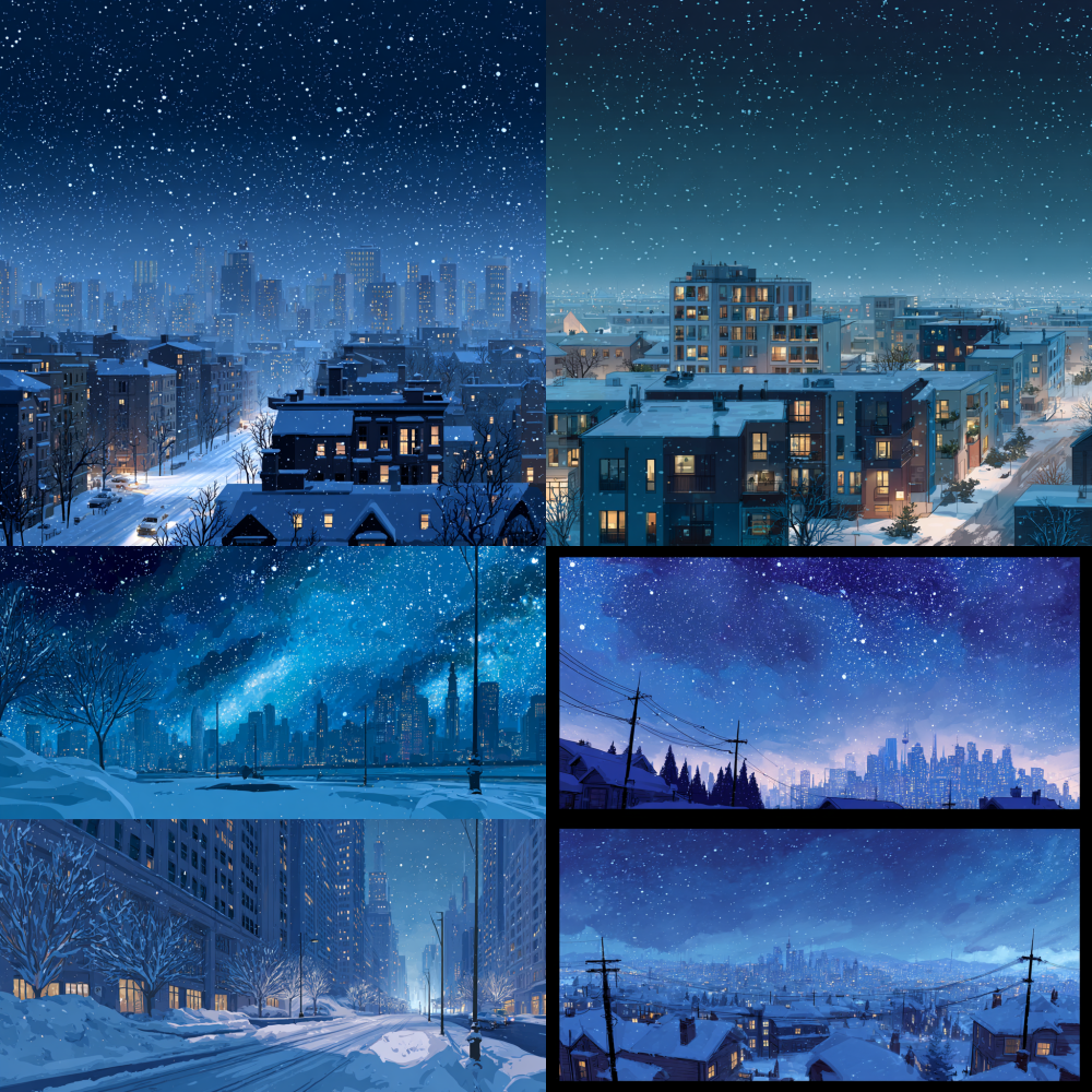 Two thirds of the screen features starry skies at night, while the lower third showcases modern urban snow scenery. The illustration style, size, and ultra clear image are used 1:1