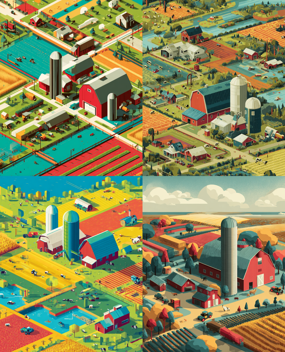 A wide-angle view of a modern farm, with barn, sil... | Midjourney官网_AI ...